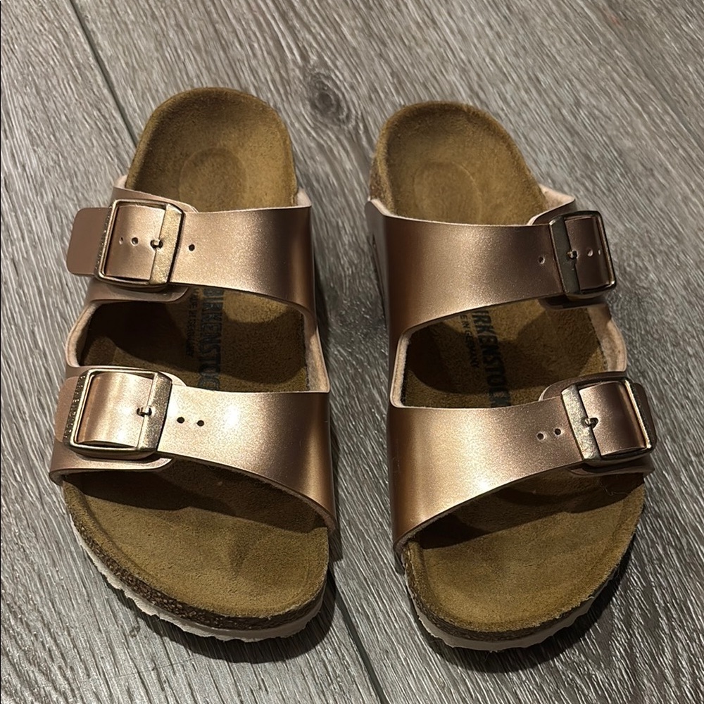 Metallic Rose Gold Double Buckle Slide Sandals